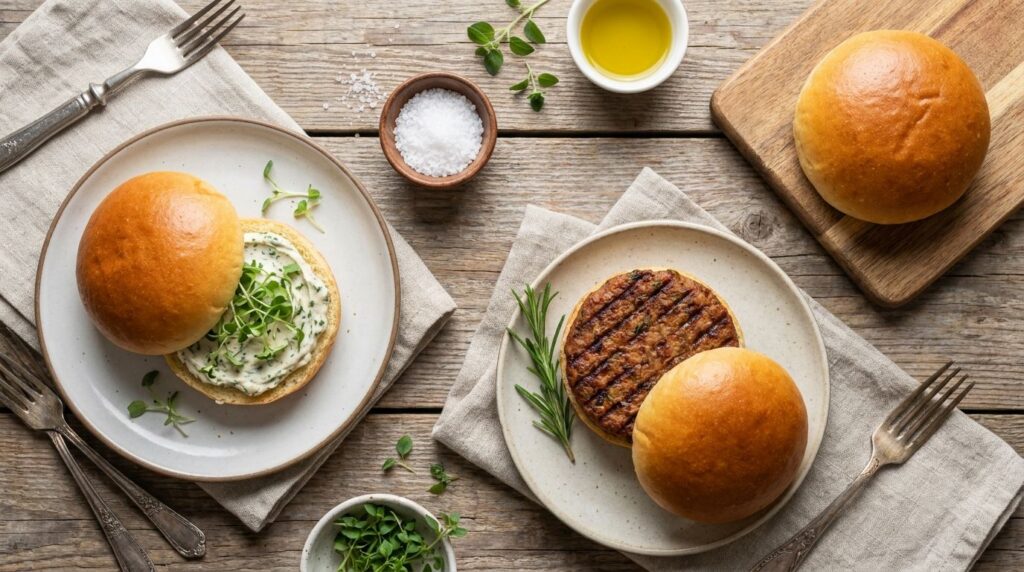 Various serving suggestions for soft potato buns perhaps with plant-based spreads or as burger buns