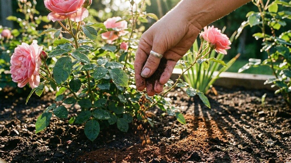 A person s hand sprinkling dried coffee grounds around the base of a vibrant green rose bush with colorful blooms in a g
