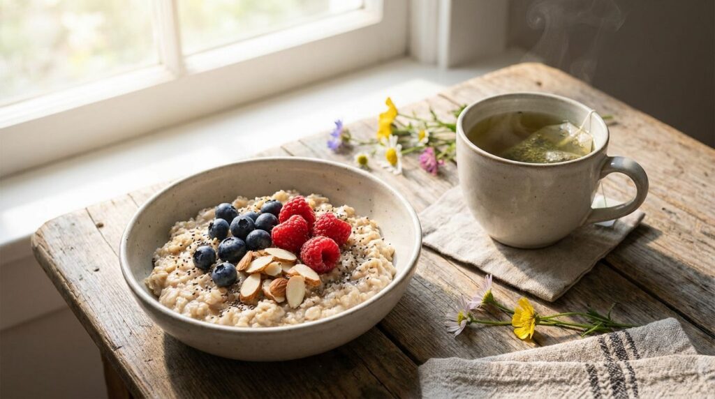 A healthy breakfast spread with oatmeal fruits and a glass of green tea on a rustic wooden table