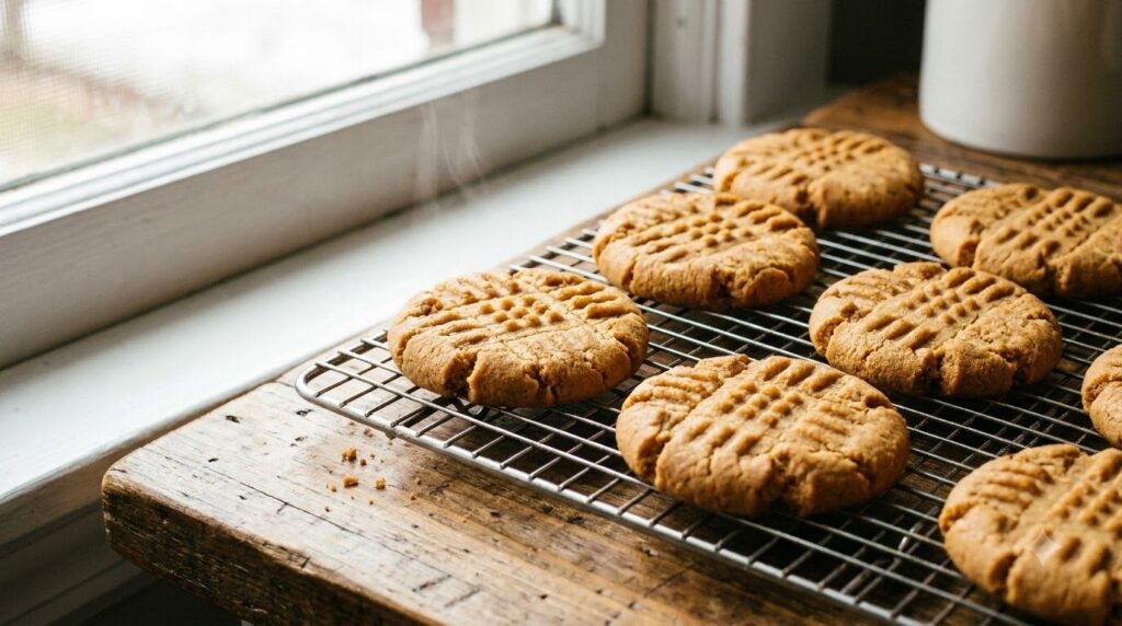 Freshly baked 3-ingredient peanut butter cookies with criss-cross fork marks cooling on a wire rack