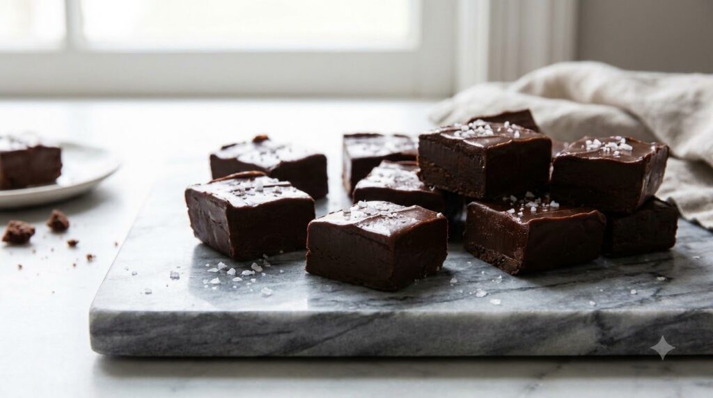 Squares of rich dark 2-ingredient chocolate fudge some with a sprinkle of sea salt arranged on a marble surface