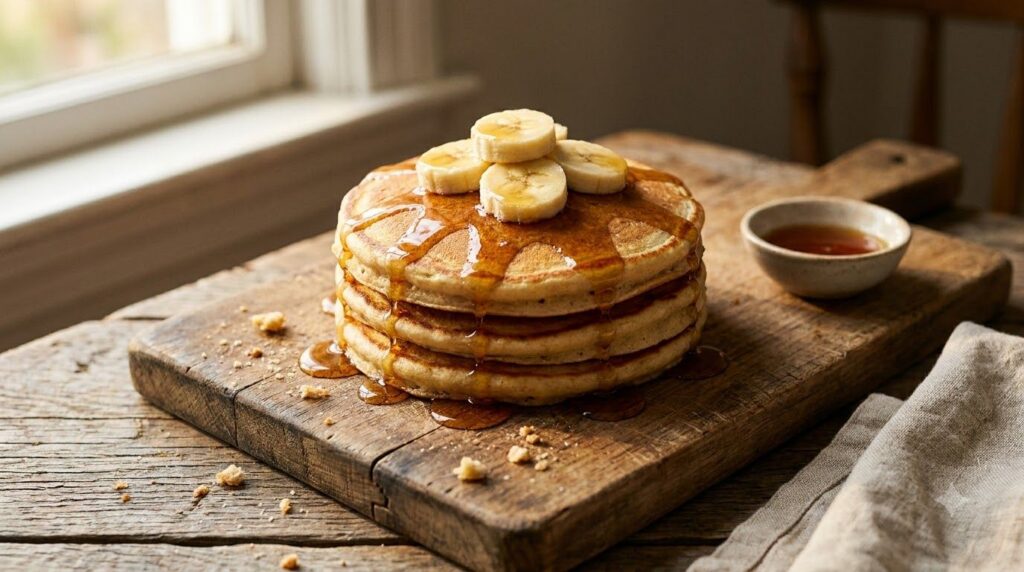 A stack of fluffy 2-ingredient banana pancakes topped with sliced bananas and a drizzle of maple syrup on a rustic woode