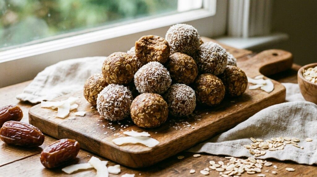 A pile of chewy 3-ingredient no-bake energy bites some rolled in shredded coconut on a wooden board
