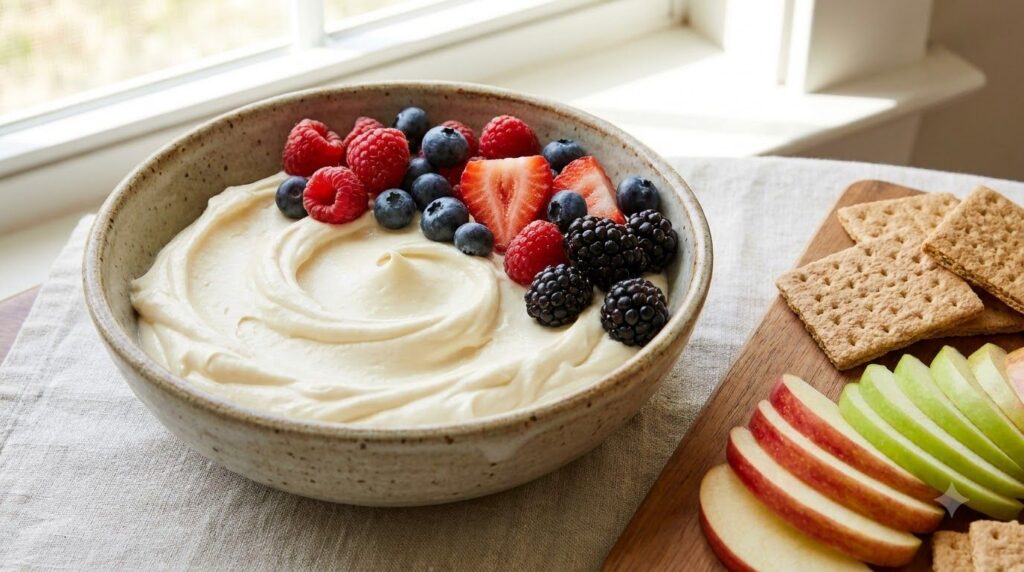 A bowl of creamy 2-ingredient cream cheese dip garnished with fresh berries served with graham crackers and apple slices