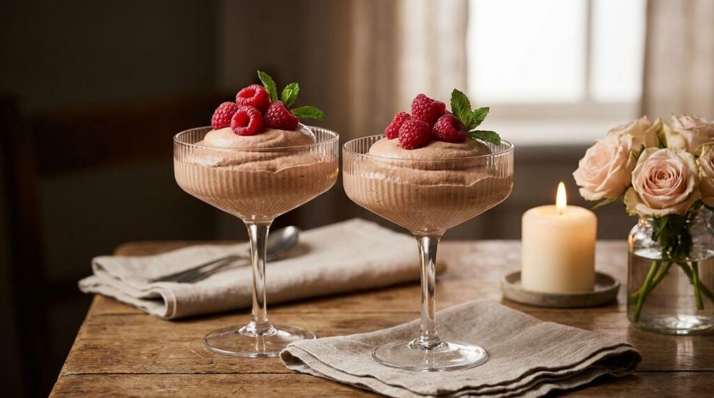 Two elegant glasses of light and airy 2-ingredient chocolate mousse garnished with fresh raspberries