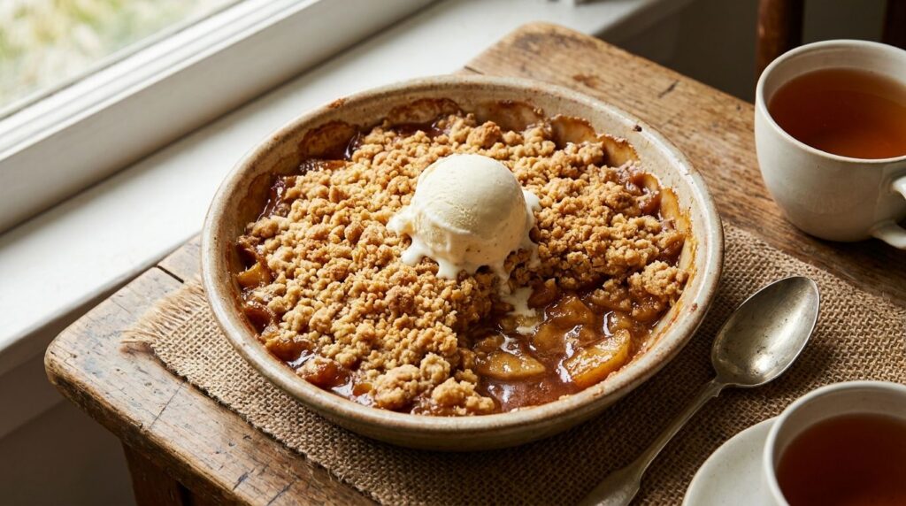 A warm bubbly 3-ingredient apple crumble in a ceramic dish with a scoop of vanilla ice cream melting on top