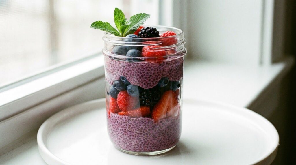 A glass jar of vibrant berry chia pudding layered with fresh mixed berries and topped with mint