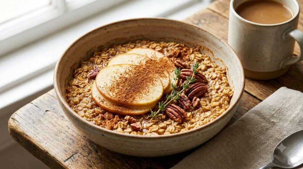 A bowl of warm apple cinnamon baked oats topped with extra apple slices and a sprinkle of cinnamon