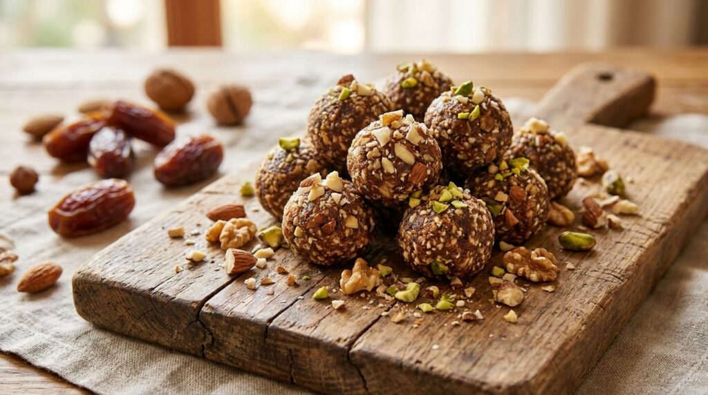A pile of small round date and nut energy bites on a wooden board with some scattered nuts and dates in the background
