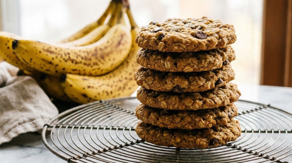 A stack of healthy banana oatmeal cookies on a cooling rack with a few fresh bananas in the background