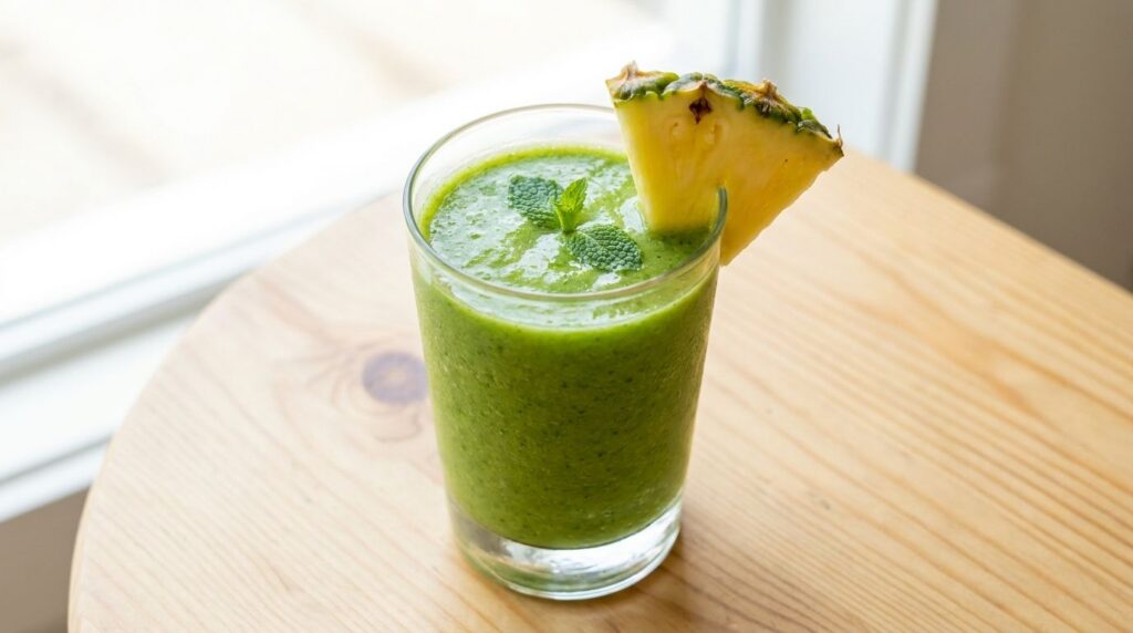 A vibrant green tropical smoothie in a clear glass garnished with a slice of pineapple and a small mint leaf Fresh and h