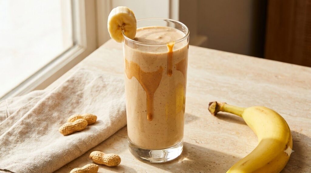 A creamy light brown peanut butter banana smoothie in a tall glass garnished with a banana slice and a drizzle of peanut