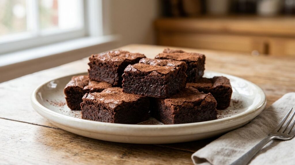 A plate of rich fudgy sweet potato brownies cut into squares with a slight crackled top