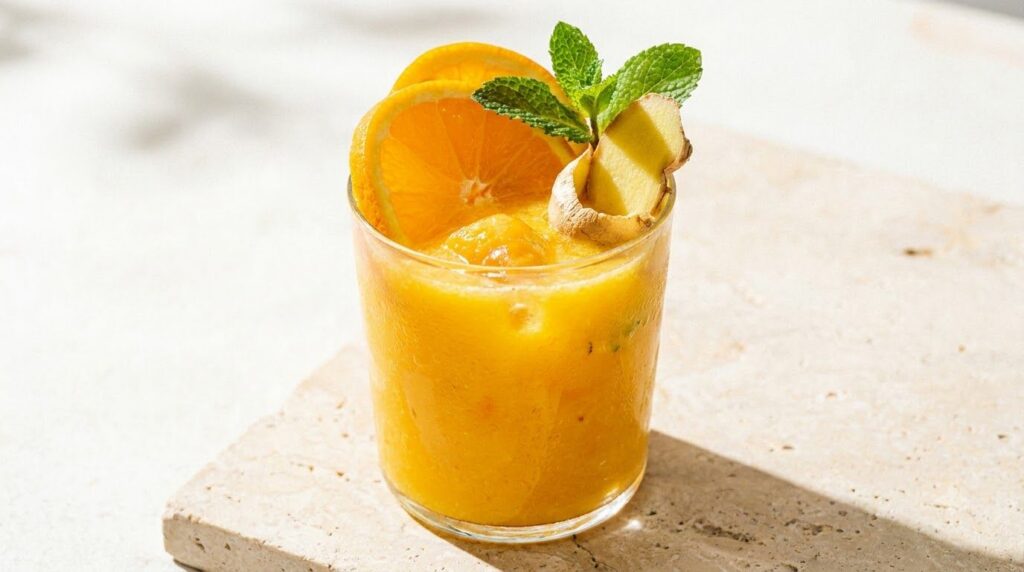 A bright orange citrus smoothie in a glass with fresh orange slices and a hint of ginger as garnish Zesty and invigorati
