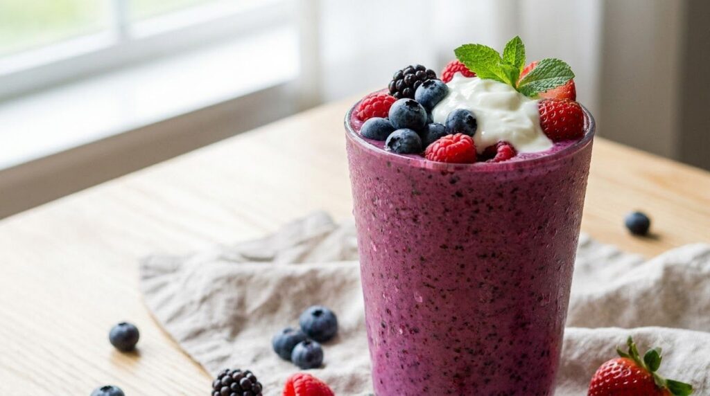 A vibrant purple berry blast smoothie in a tall glass topped with fresh mixed berries and a dollop of Greek yogurt Delic