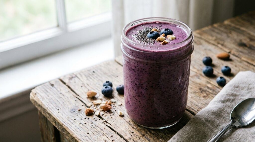 A beautiful purple blueberry almond butter smoothie in a glass jar topped with a sprinkle of chia seeds Rich and invitin