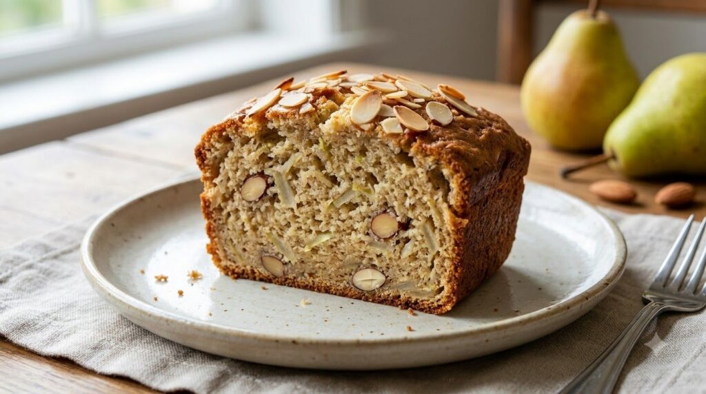 A fresh slice of pear and almond loaf on a plate showing texture with grated pear and a few almonds on top
