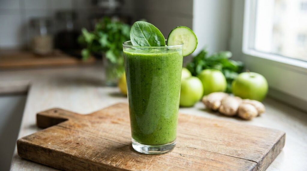 A tall glass of vibrant green juice with fresh spinach leaves cucumber slices and a green apple nearby on a wooden cutti