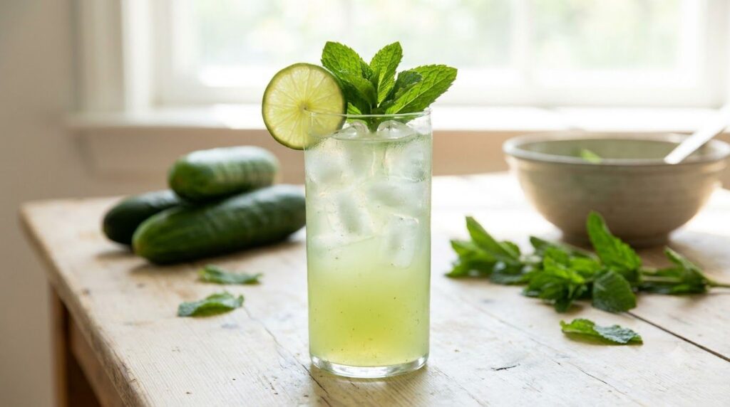 A tall glass of clear light green cucumber mint refresher with ice cubes and a lime wedge Fresh mint leaves and cucumber
