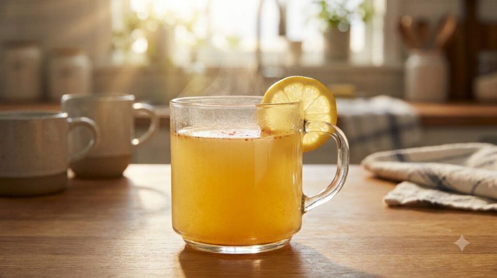 A close-up of a clear mug filled with a yellow-orange spicy lemon cleanse garnished with a lemon slice and a sprinkle of