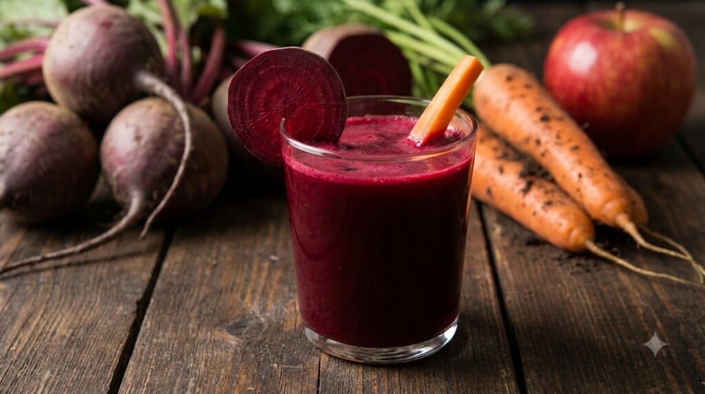 A glass of red-purple beetroot juice garnished with a thin slice of beetroot and a carrot stick Fresh beetroot carrots a