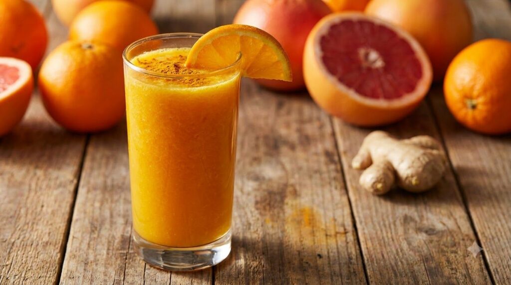 A glass of bright orange sunrise citrus cleanse garnished with an orange slice and a pinch of turmeric Whole oranges gra