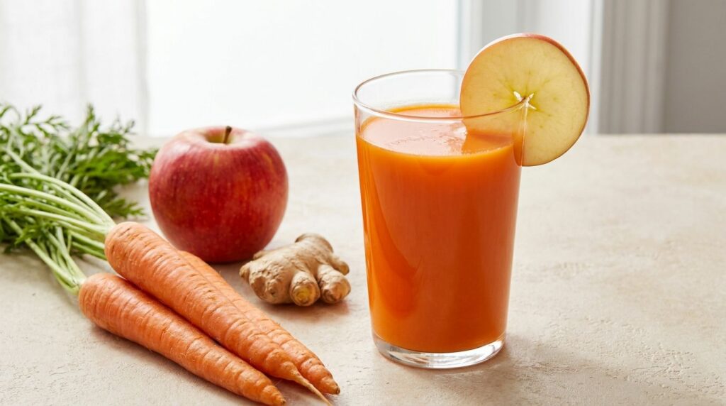 A glass of orange carrot apple glow juice garnished with a thin apple slice Fresh carrots an apple and ginger root are n