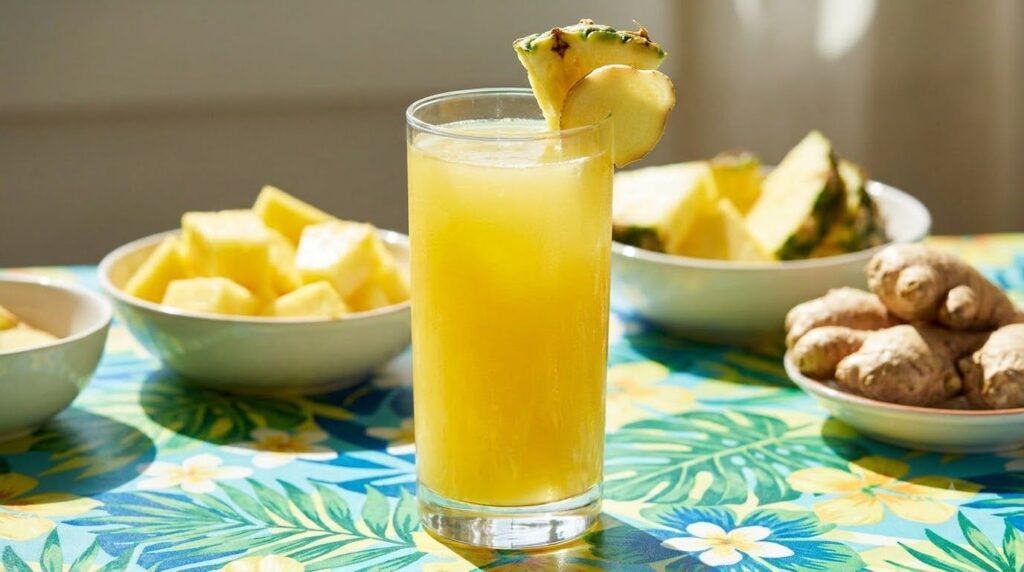 A glass of yellow pineapple ginger flush garnished with a small pineapple wedge and a thin ginger slice Fresh pineapple 