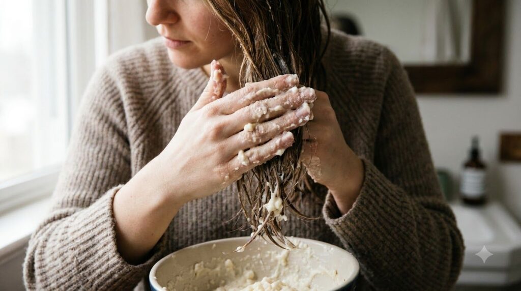 A person applying a homemade mask on their hair or skin made from the mayonnaise and baking soda mixture The texture of