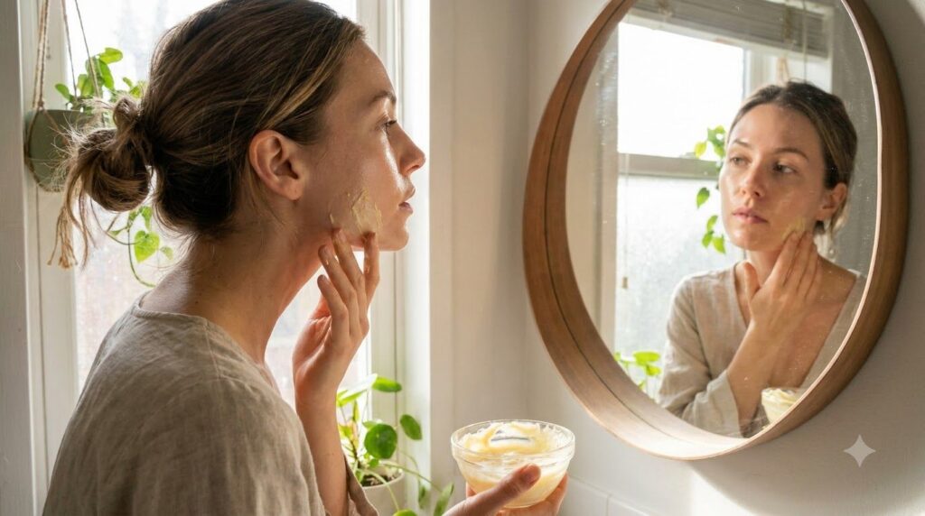 A woman gently applying a homemade yellow face mask to her clean face looking into a mirror in a well-lit bathroom