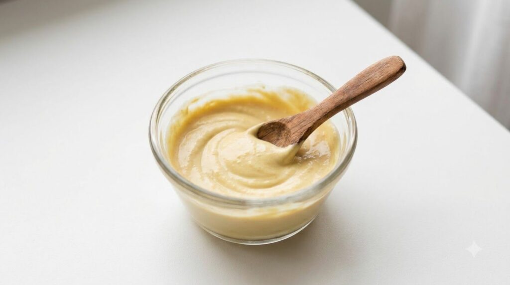 A close-up shot of a small bowl containing a creamy light yellow homemade face mask paste with a wooden spoon mixing it