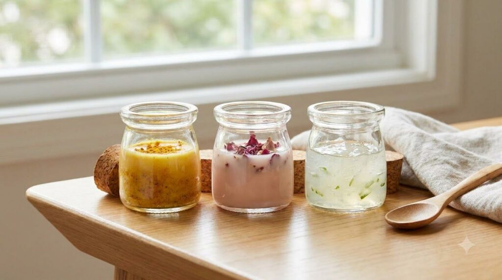 Small glass jars containing different Vaseline blends one with a yellowish tint from turmeric one with a hint of pink fr