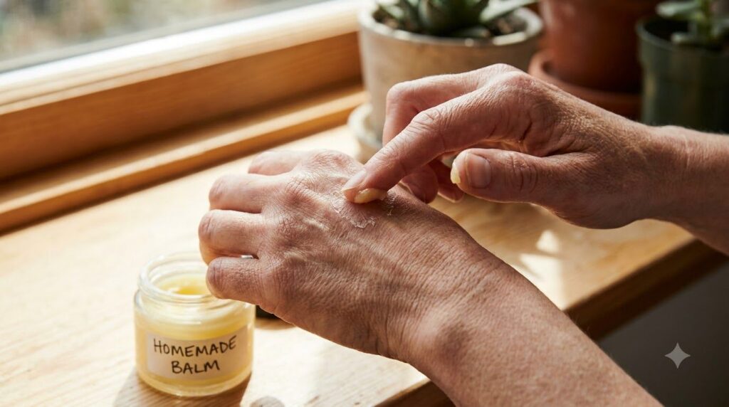 A woman gently applying a homemade Vaseline blend to a dry patch on her hand showing soft hydrated skin