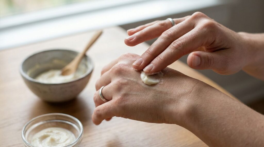 A person gently applying the creamy mixture to the back of their hand as a patch test with the bowl of mixture in the ba