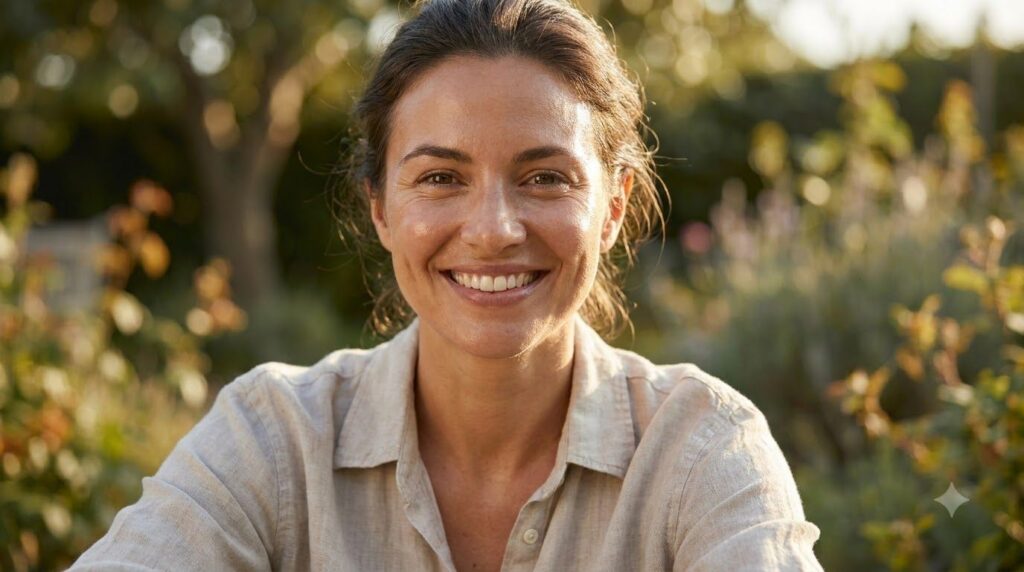 A woman smiling with visibly soft hydrated skin after using a beauty treatment emphasizing a fresh and glowing complexio