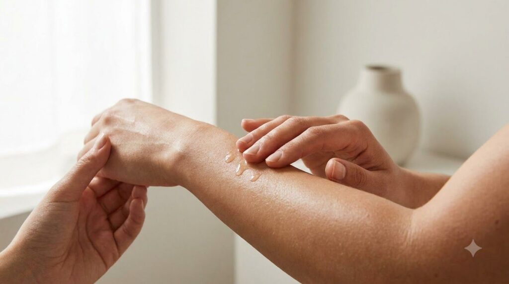 A woman gently applying the enhanced baby oil blend to her arm demonstrating the application technique