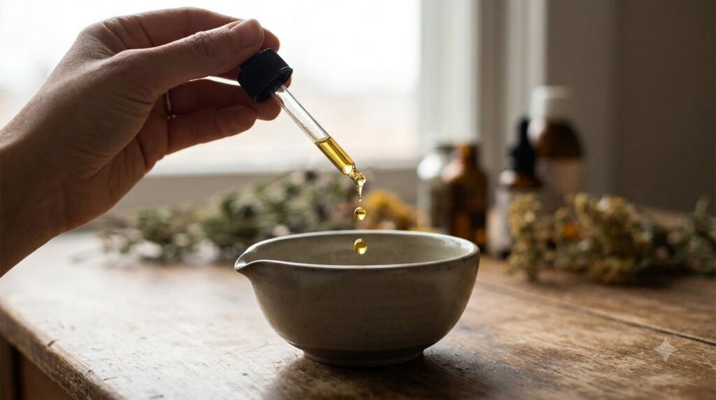 A close-up of a hand holding a dropper dispensing a golden oil into a small mixing bowl symbolizing the preparation of t