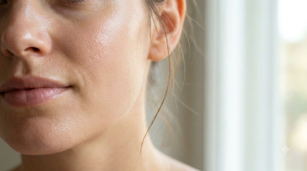 Close-up of radiant smooth skin on a woman s face after using a beauty treatment emphasizing a fresh and glowing look