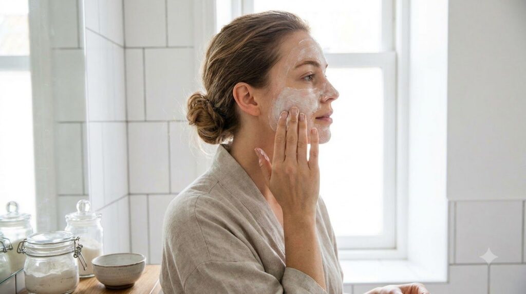 A woman gently massaging the Vaseline and baking soda paste onto her cheek demonstrating the application process