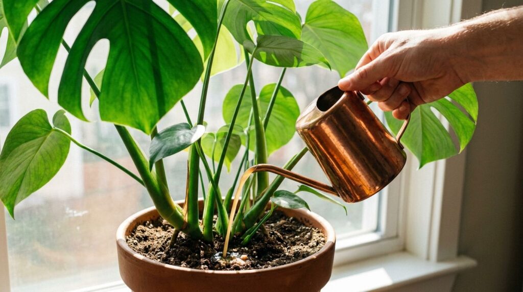 A close-up shot of a hand pouring diluted coffee into a potted houseplant showing healthy green leaves The coffee is bei