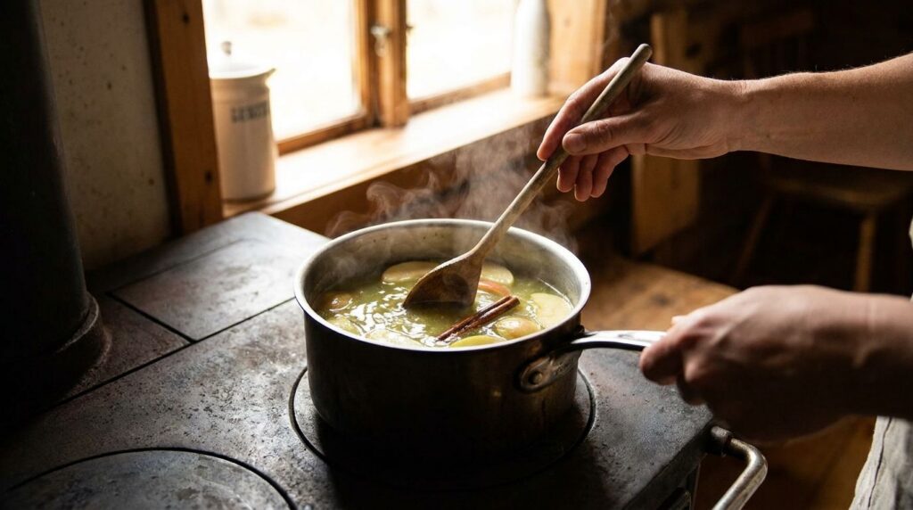A close-up of a person gently stirring the green apple cinnamon and turmeric drink in a saucepan on a stove with steam r