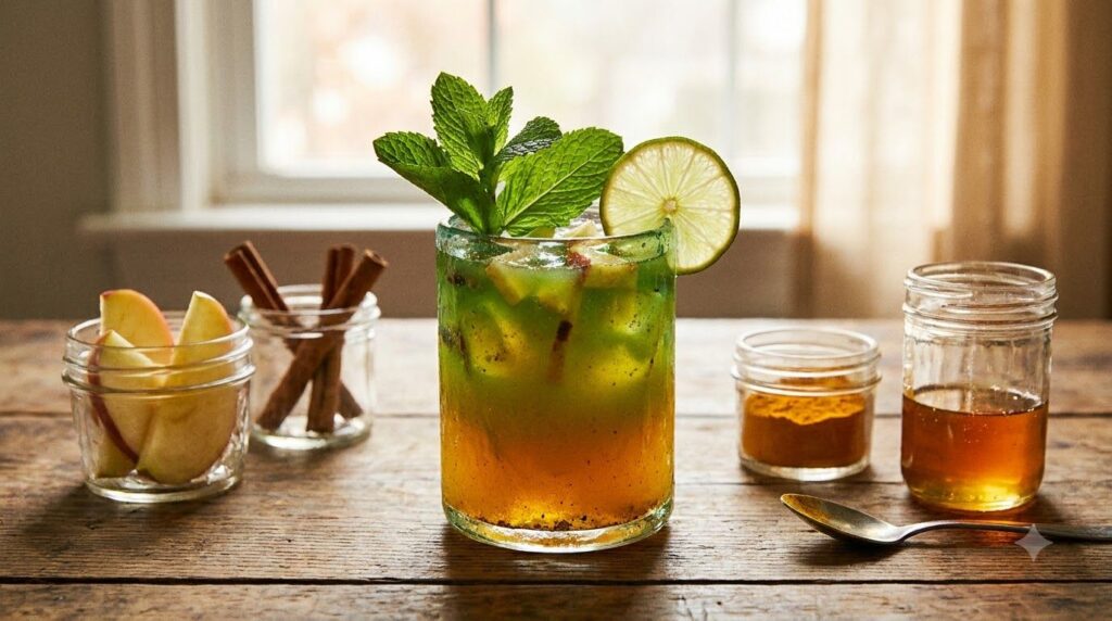 A variation of the drink in a different glass perhaps with some added mint leaves or a different fruit slice showcasing 