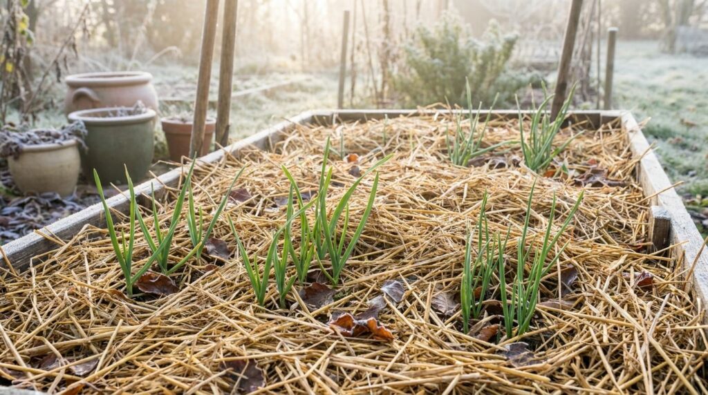 A garden bed covered in a thick layer of straw mulch with small green shoots of garlic or onions poking through indicati