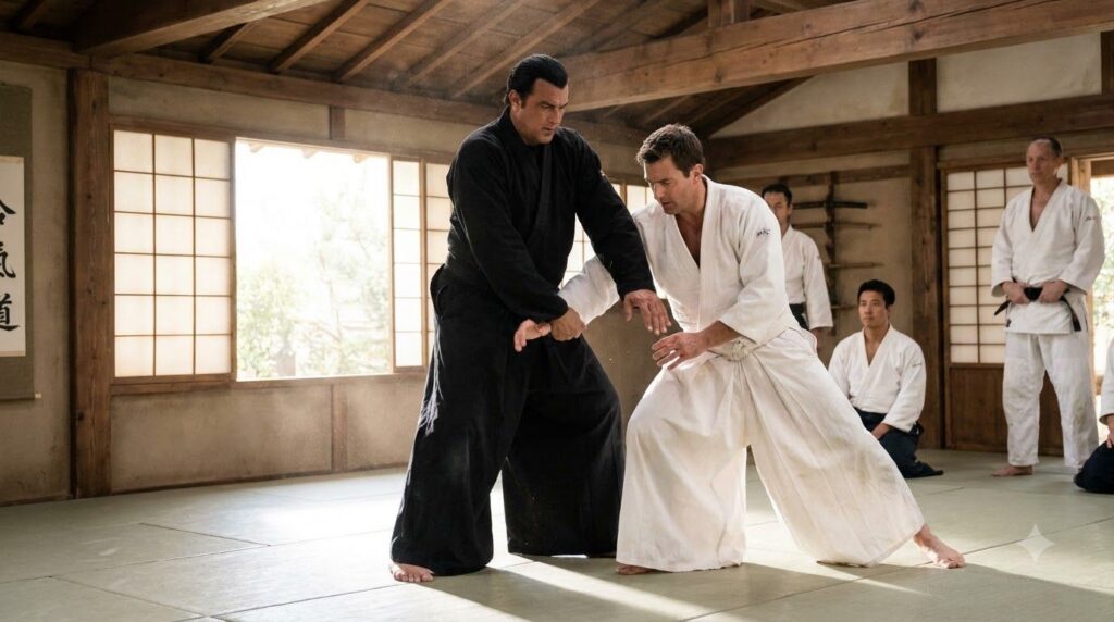 A younger Steven Seagal in a martial arts dojo in Japan demonstrating an Aikido move