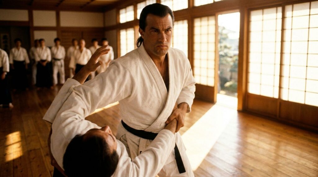 A younger Steven Seagal with a ponytail wearing a traditional Aikido gi performing a martial arts move in a Japanese doj