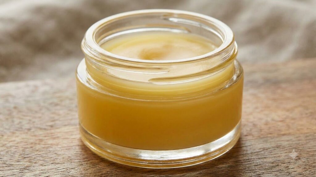 Close-up of the smooth mixed Vaseline almond oil and honey balm in a small glass jar