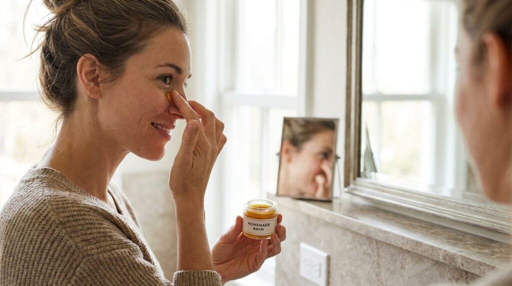A woman gently applying the homemade Vaseline balm to her face focusing on the under-eye area