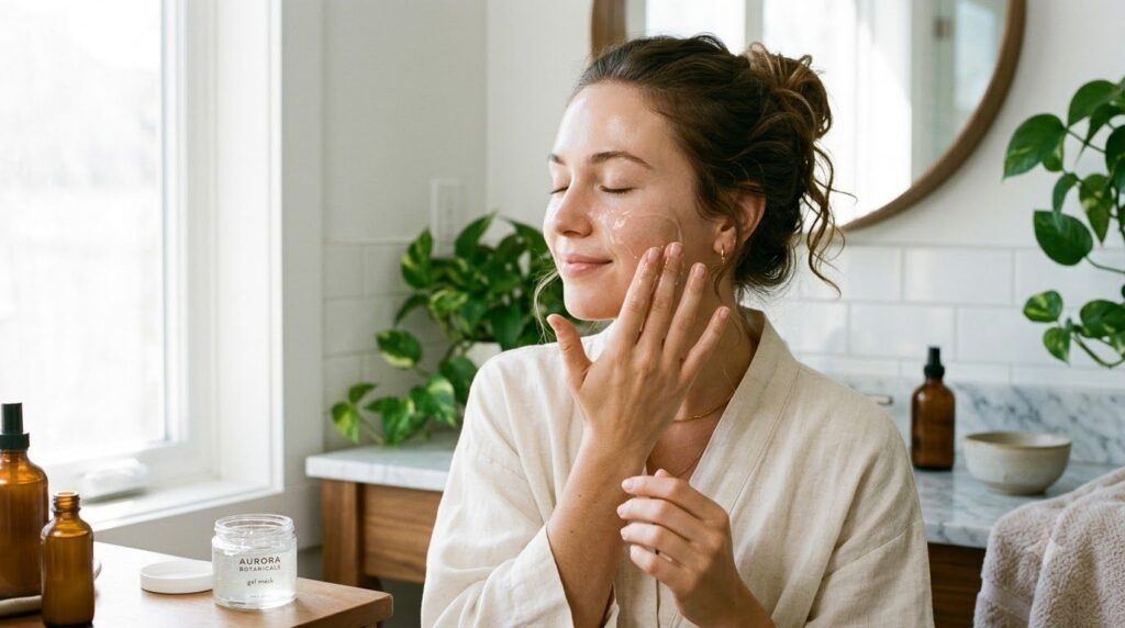 A woman gently applying a clear thin face mask to her cheek with her fingertips focusing on a radiant and fresh look The