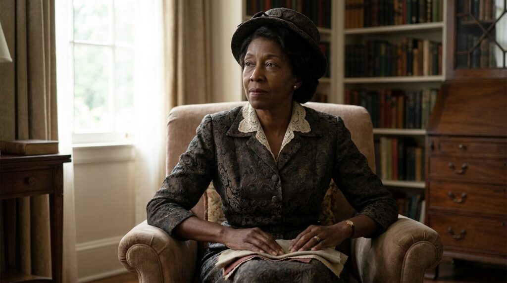 A historical portrait of Ann Lowe the pioneering African American fashion designer looking poised and elegant