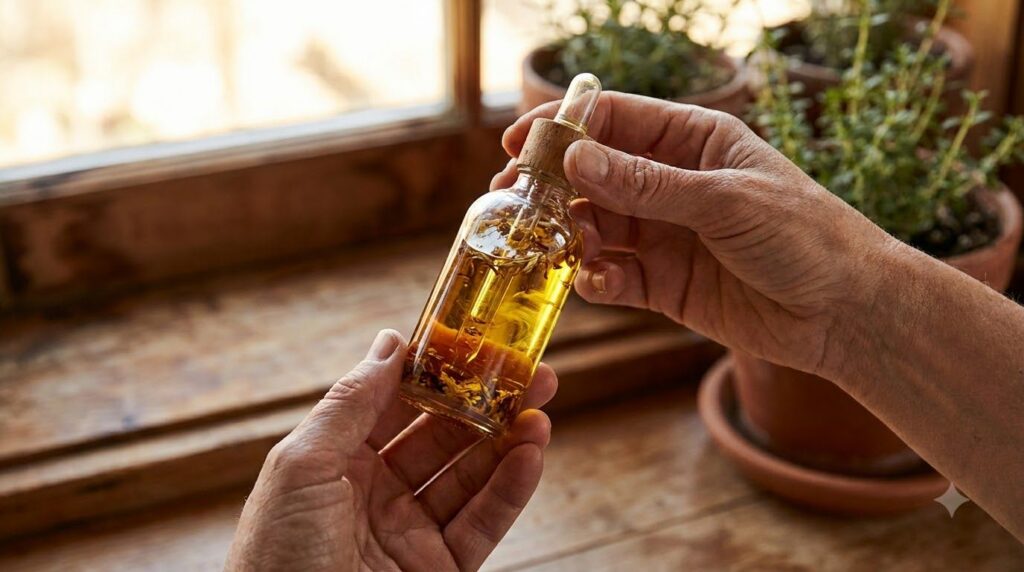 Hands gently mixing the DIY Botox Oil blend in a small dropper bottle with the different oils visible before being fully